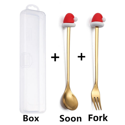 2pcs /Pack Christmas Dessert Fork And Spoon Set Portable Cute Cartoon Tableware, Style: Christmas Snowman Golden by bashfashion