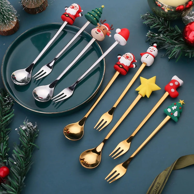 2pcs /Pack Christmas Dessert Fork And Spoon Set Portable Cute Cartoon Tableware, Style: Christmas Hat Golden by bashfashion