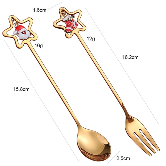 2pcs /Pack A410 Christmas Stirring Spoon Dessert Fork Christmas Eve Star Tableware Gift by bashfashion