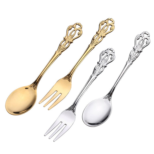 2pcs /Pack Retro Openwork Carved Dessert Spoon Fork Set Engraved Cutlery Gift Box, Style: Blue Box (Gold) by bashfashion