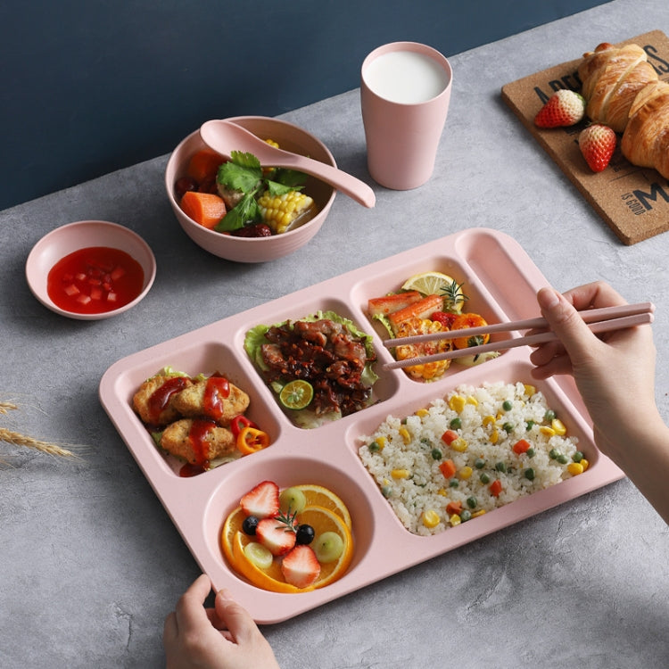 4pcs /Set Wheat Straw Split Dining Plate With Bowl Chopsticks Spoon Tableware Set(Beige) by bashfashion