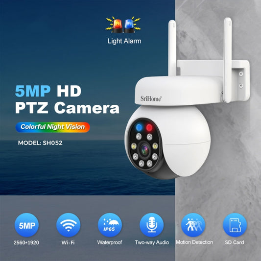 SriHome SH052 Wifi 5MP Wireless PTZ IP AI Auto Tracking Sound&Light Alarm Starlight Color Night Vision Outdoors Surveillance Camera, Plug: US by SriHome
