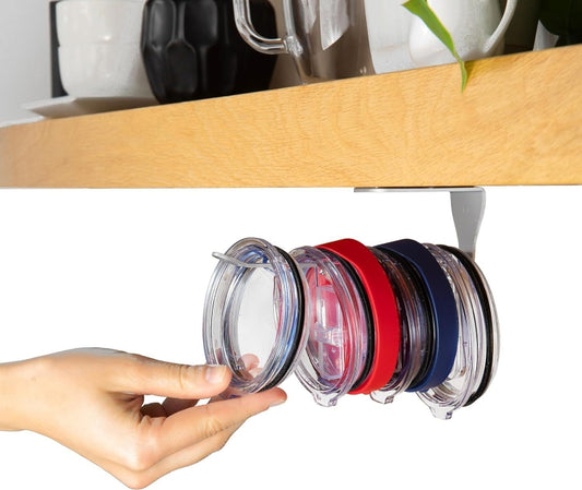 Tumbler Lid Organizer Self-Adhesive Under-Cabinet Cup Lid Storage Rack, Color: Black by bashfashion