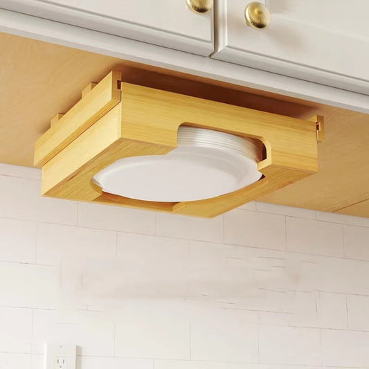 9-inch Paper Plate Dispenser Under Cabinet Bamboo Plates Holder Kitchen Storage Rack 24 x 26.5 x 6.5(Wood Color) by bashfashion
