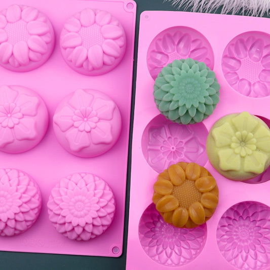6 Grids 3 Groups Flower Shape Silicone Cake Mold Baking DIY Handmade Soap Model Sunflower Moon Cake Mold(Pink) by bashfashion