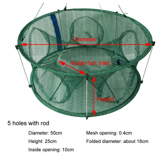 Automatic Folding Fish Net With Support Rod Fishing Cage Lobster Net Fishing Gear, Color: 5 Holes Green by bashfashion