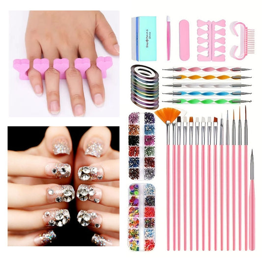 Nail Art Tools Set Nail Painting Pen Dotting Pen Filing Strip Rhinestone Butterfly Sequin Jewelry Set by bashfashion