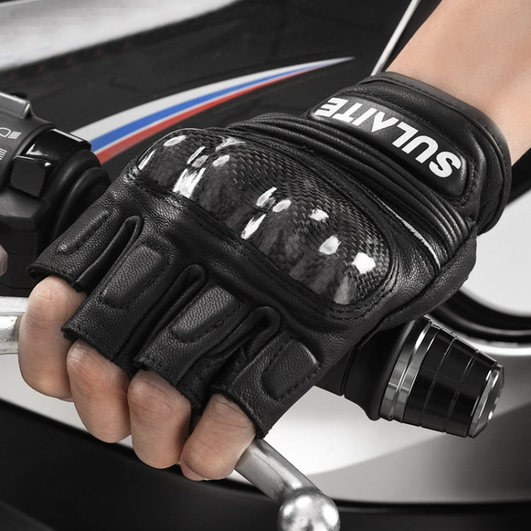 SULAITE Motorcycle Sheepskin Carbon Fiber Breathable Half-finger Riding Gloves, Size: L(Black) by SULAITE