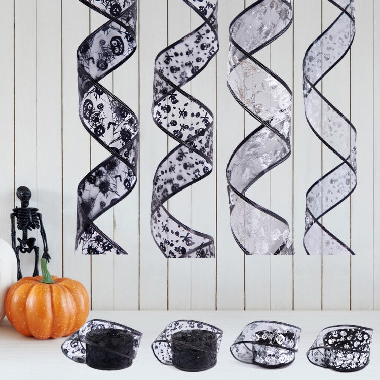 4m Halloween Decoration Gold-stamped Cartoon DIY Bow Ribbon(Silver Pumpkin Spider Web) by bashfashion