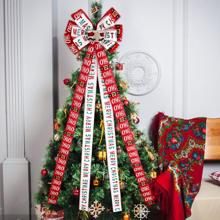 Christmas Tree Top Decoration Bow Imitation Linen Double-layer Bow Pendant(Red White Letters) by bashfashion