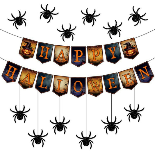 Halloween Decoration Wall Stickers Hanging Pendant Party Horror Banner Decoration, Style: 12pcs Spider Cards + Dots Glue by bashfashion