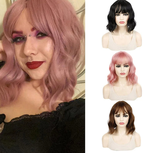 Water Wave Ripple Short Curly Hair With Bangs Fluffy Wig Headcovers, Color: Natural Black by bashfashion