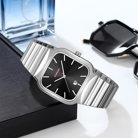 SKMEI 9361 Steel Strap Textured Dial Watch Business Casual Square Quartz Watch, Style: Silver Case Black Dial by SKMEI