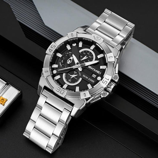 SKMEI 2399 Three-eye Six-pin Steel Band Quartz Watch Men Business Casual Watch(Silver) by SKMEI