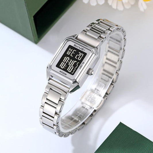 SKMEI 2493 Small Women Electronic Watch Square Steel Strap Watch, Style: Silver Case White by SKMEI