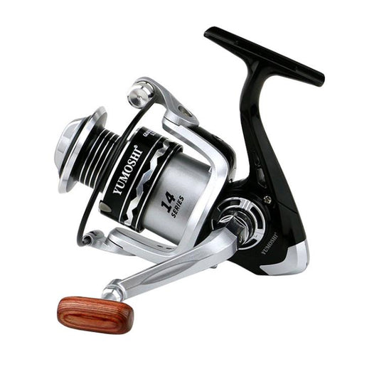 YUMOSHI OE5000 YUMOSHI Metal Spool Spinning Fishing Reel with 5.2:1 Gear Ratio, Foldable Handle & Wooden Grip by YUMOSHI