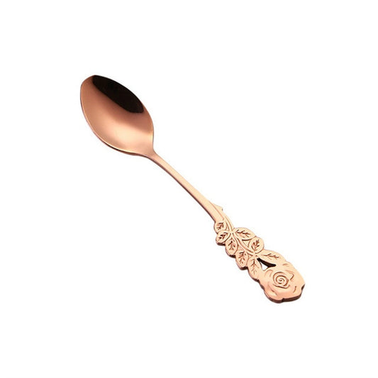 Small Mini Stainless Steel Rose Flower Coffee Spoon Strring Spoon Teaspoon Tea Spoon Dessert Spoon Long Handle Tableware(Rose Gold) by bashfashion