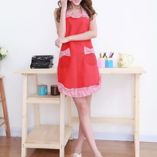 Sleeveless Bow Lace Apron with Pocket(Red White Grid on Red) by bashfashion