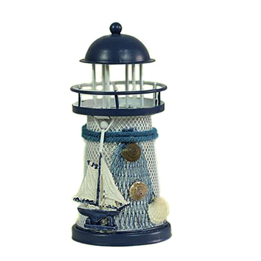 Mediterranean Style Round Hole tin Lighthouse Candlestick Home Desktop Decoration Wrought Iron Candlestick(Sailboat) by bashfashion