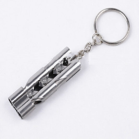 Outdoor High-decibel Stainless Steel Self-protection Double Tube Survival Whistle with Key Ring(Silver) by bashfashion