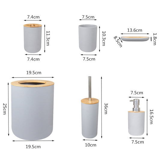 6 In 1 Toothbrush Holder Kit Toiletries Bamboo Wood Bathroom Trash Can Bathroom Set(Gray) by bashfashion