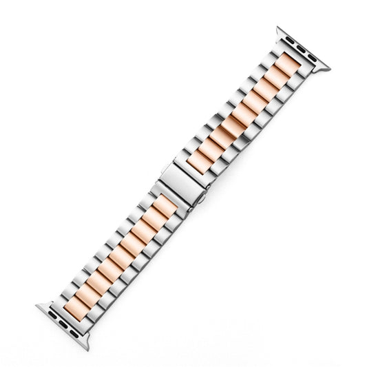 For Apple Watch Series 10 42mm / 9&8&7 41mm / SE 3&SE 2&6&SE&5&4 40mm / 3&2&1 38mm Fold Buckle 3 Beads Stainless Steel Watch Band (Silver+Rose Gold) by bashfashion