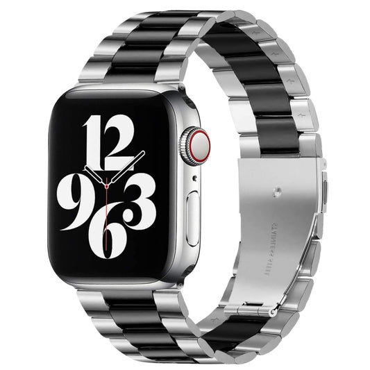 For Apple Watch Series 10 42mm / 9&8&7 41mm / SE 3&SE 2&6&SE&5&4 40mm / 3&2&1 38mm Fold Buckle 3 Beads Stainless Steel Watch Band (Silver Black) by bashfashion