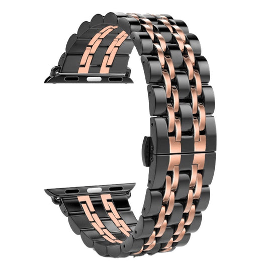 22mm Men Hidden Butterfly Buckle 7 Beads Stainless Steel Watch Band For Apple Watch 38mm(Black+Rose gold) by bashfashion
