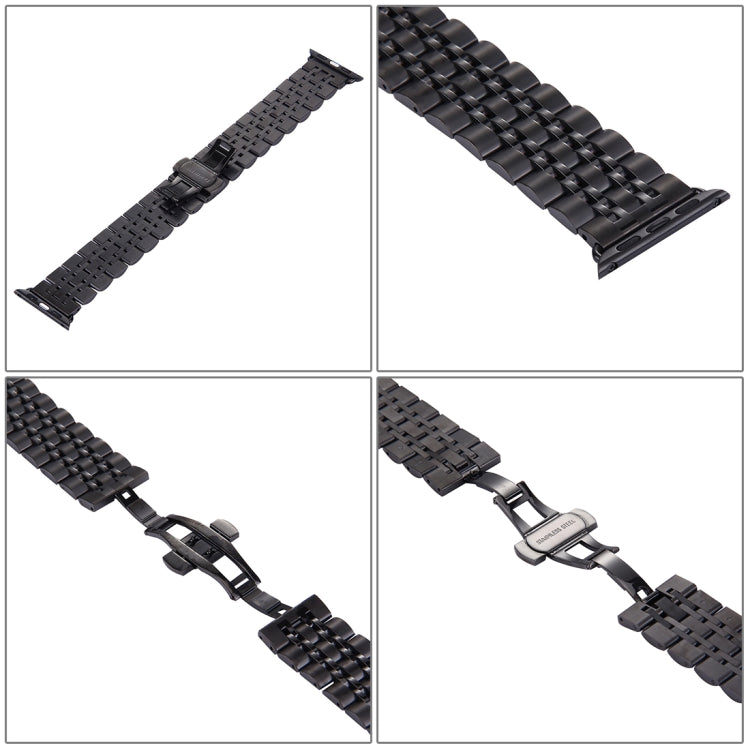 22mm Men Hidden Butterfly Buckle 7 Beads Stainless Steel Watch Band For Apple Watch 38mm(Black) by bashfashion