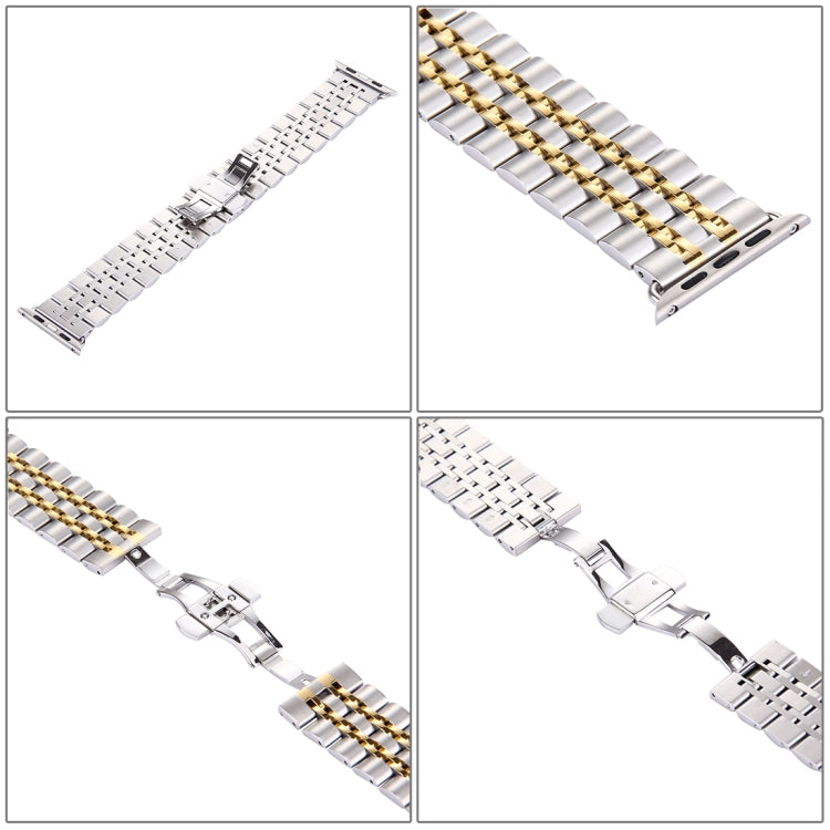 22mm Men Hidden Butterfly Buckle 7 Beads Stainless Steel Watch Band For Apple Watch 38mm(Silver Gold) by bashfashion