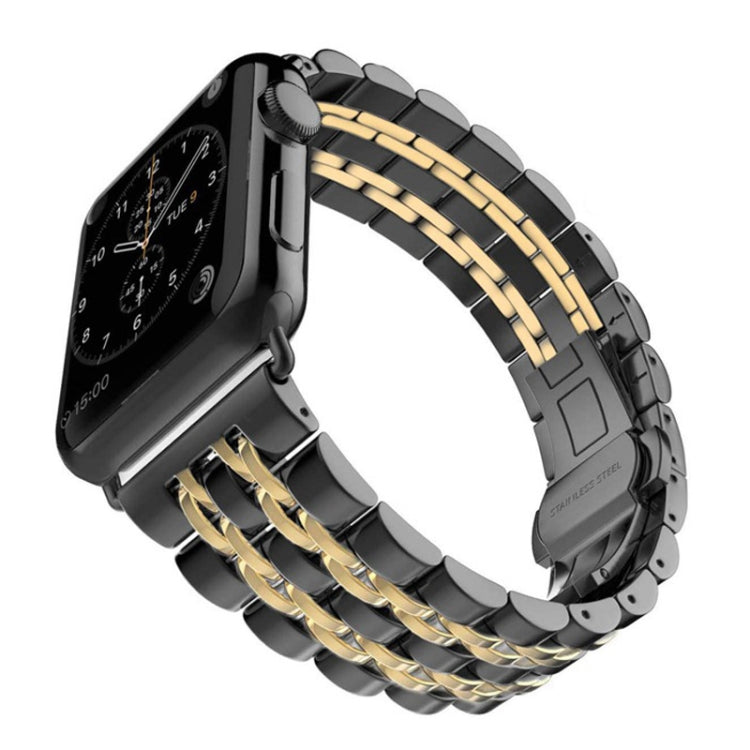 22mm Men Hidden Butterfly Buckle 7 Beads Stainless Steel Watch Band For Apple Watch 42mm(Black Gold) by bashfashion
