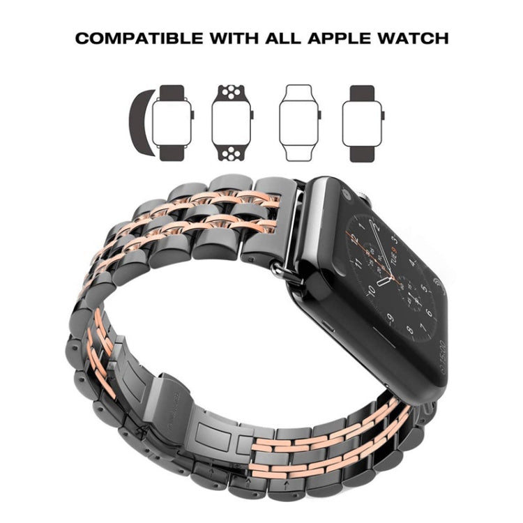 22mm Men Hidden Butterfly Buckle 7 Beads Stainless Steel Watch Band For Apple Watch 42mm(Black+Rose gold) by bashfashion