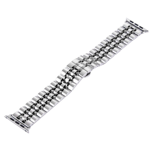 22mm Men Hidden Butterfly Buckle 7 Beads Stainless Steel Watch Band For Apple Watch 42mm(Silver+Black) by bashfashion