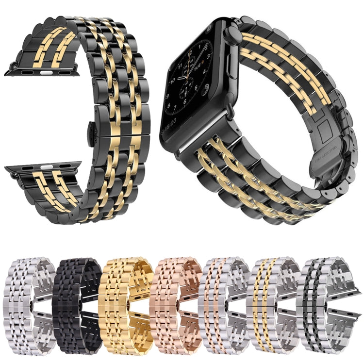 22mm Men Hidden Butterfly Buckle 7 Beads Stainless Steel Watch Band For Apple Watch 42mm(Black Gold) by bashfashion