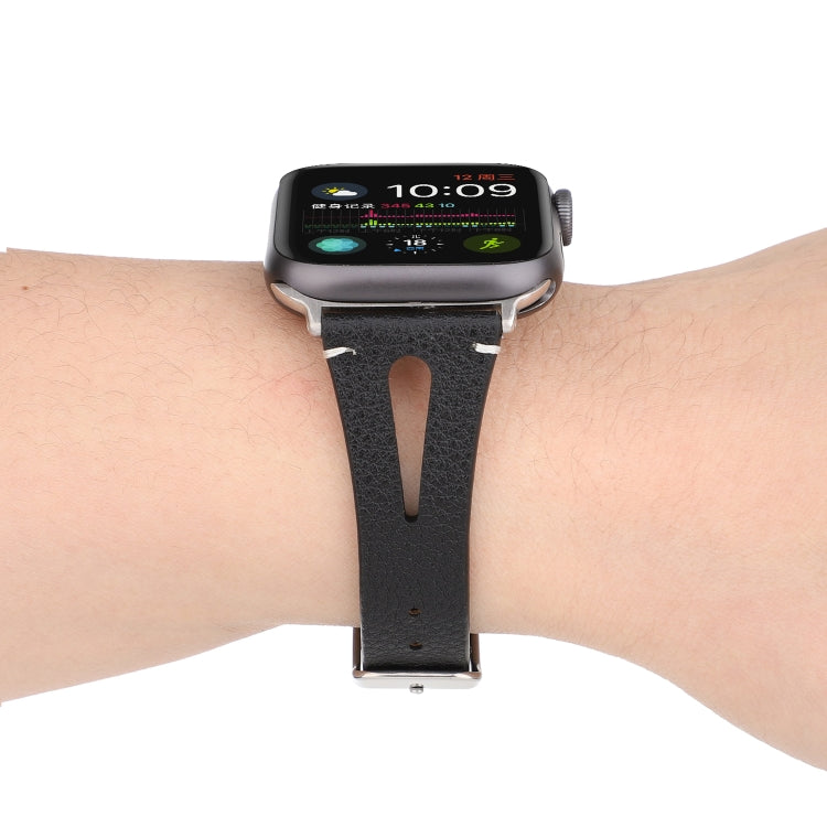 Simple V-shaped Leather Watch Band for Apple Watch Series 7 45mm / 6 & SE & 5 & 4 44mm / 3 & 2 & 1 42mm(Black) by bashfashion