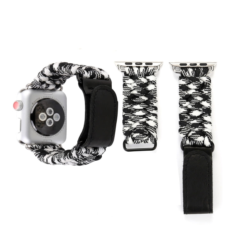 Magic Paste Genuine Leather Umbrella Rope Nylon Wrist Watch Band with Stainless Steel Buckle for Apple Watch Ultra 49mm&Watch Ultra 2 49mm / Series 10 46mm / 9&8&7 45mm / SE 3&SE 2&6&SE&5&4 44mm / 3&2&1 42mm(Black White) by bashfashion