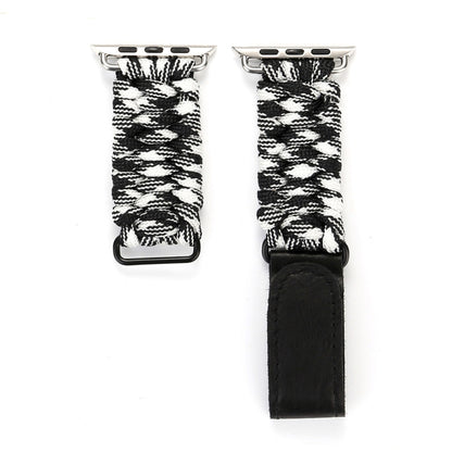 Magic Paste Genuine Leather Umbrella Rope Nylon Wrist Watch Band with Stainless Steel Buckle for Apple Watch Ultra 49mm&Watch Ultra 2 49mm / Series 10 46mm / 9&8&7 45mm / SE 3&SE 2&6&SE&5&4 44mm / 3&2&1 42mm(Black White) by bashfashion