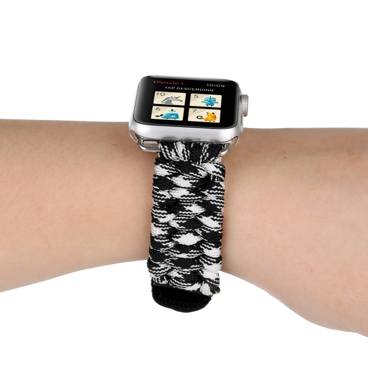 Magic Paste Genuine Leather Umbrella Rope Nylon Wrist Watch Band with Stainless Steel Buckle for Apple Watch Ultra 49mm&Watch Ultra 2 49mm / Series 10 46mm / 9&8&7 45mm / SE 3&SE 2&6&SE&5&4 44mm / 3&2&1 42mm(Black White) by bashfashion