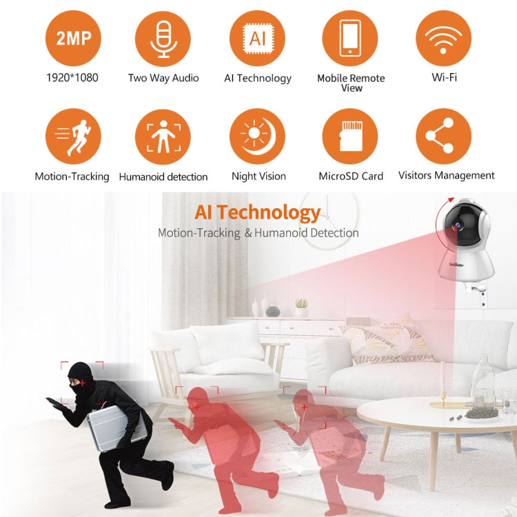 SriHome SH025 2.0 Million Pixels 1080P HD AI Auto-tracking IP Camera, Support Two Way Audio / Motion Tracking / Humanoid Detection / Night Vision / TF Card, UK Plug by SriHome