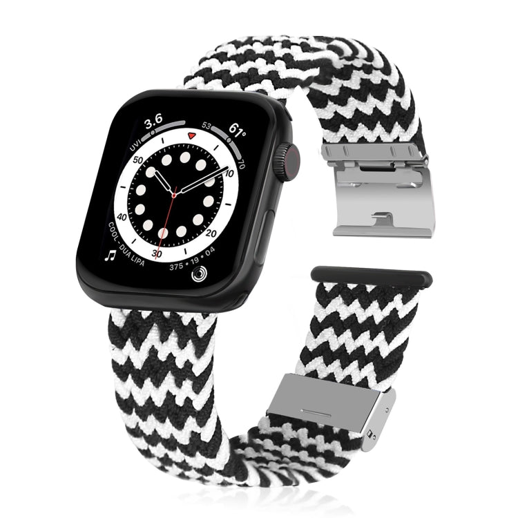 Braided + Stainless Steel Watch Band For Apple Watch Series 7 45mm / 6 & SE & 5 & 4 44mm / 3 & 2 & 1 42mm(Horizontal Black White) by bashfashion