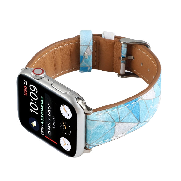 Marble Ethnic Style Printed Leather Watch Band For Apple Watch Series 9&8&7 41mm / SE 3&SE 2&6&SE&5&4 40mm / 3&2&1 38mm(Marble Sky Blue) by bashfashion