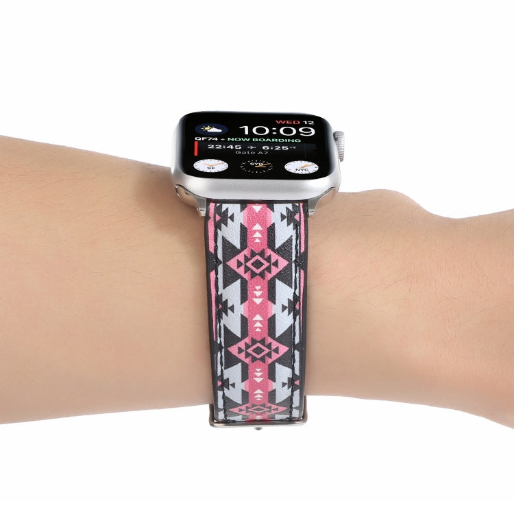 Marble Ethnic Style Printed Leather Watch Band For Apple Watch Series 9&8&7 41mm / SE 3&SE 2&6&SE&5&4 40mm / 3&2&1 38mm(Black Pink Ethnic Style) by bashfashion