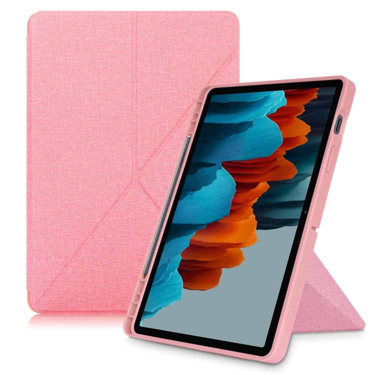 For Samsung Galaxy Tab S8 / Galaxy Tab S7 T870 Cloth Texture Multi-folding Horizontal Flip PU Leather Shockproof Case with Holder & Sleep / Wake-up Function(Pink) by bashfashion