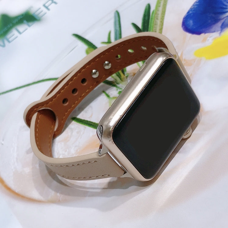 Double Nail Leather Watch Band For Apple Watch Series 7 45mm / 6 & SE & 5 & 4 44mm / 3 & 2 & 1 42mm(Apricot) by bashfashion