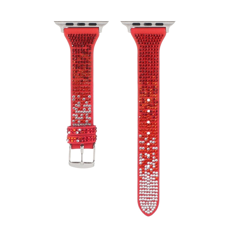 T-shaped Small Waist Flashing Diamond Genuine Leather Watch Band Watch Band For Apple Watch Series 9&8&7 41mm / SE 3&SE 2&6&SE&5&4 40mm / 3&2&1 38mm(Red) by bashfashion