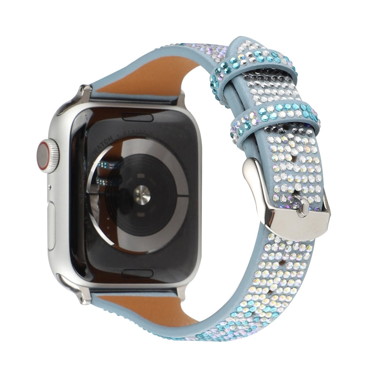 T-shaped Small Waist Flashing Diamond Genuine Leather Watch Band Watch Band For Apple Watch Series 9&8&7 41mm / SE 3&SE 2&6&SE&5&4 40mm / 3&2&1 38mm(Blue) by bashfashion
