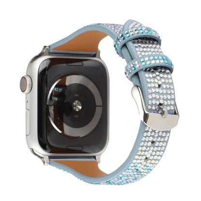 T-shaped Small Waist Flashing Diamond Genuine Leather Watch Band Watch Band For Apple Watch Series 9&8&7 41mm / SE 3&SE 2&6&SE&5&4 40mm / 3&2&1 38mm(Blue) by bashfashion