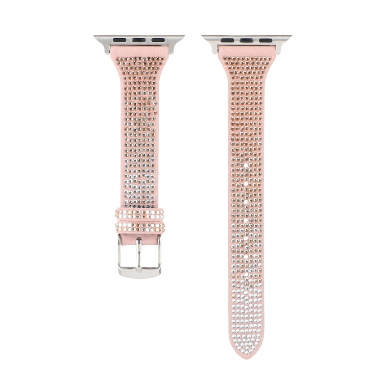 T-shaped Small Waist Flashing Diamond Genuine Leather Watch Band Watch Band For Apple Watch Series 9&8&7 41mm / SE 3&SE 2&6&SE&5&4 40mm / 3&2&1 38mm(Rose Gold) by bashfashion