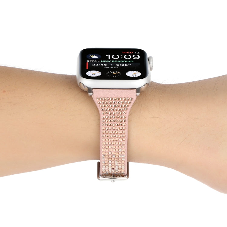 T-shaped Small Waist Flashing Diamond Genuine Leather Watch Band Watch Band For Apple Watch Series 9&8&7 41mm / SE 3&SE 2&6&SE&5&4 40mm / 3&2&1 38mm(Rose Gold) by bashfashion