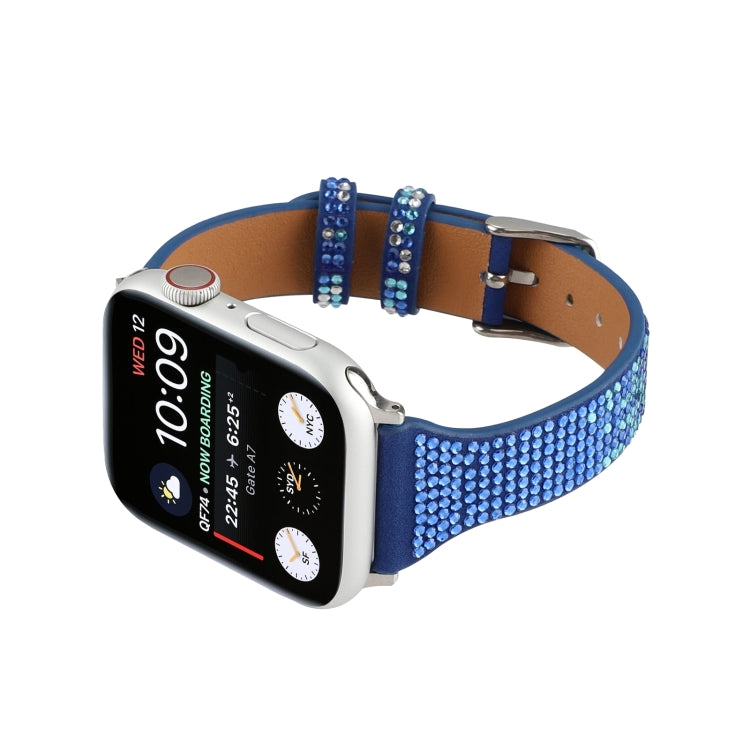 T-shaped Small Waist Flashing Diamond Genuine Leather Watch Band Watch Band For Apple Watch Series 9&8&7 41mm / SE 3&SE 2&6&SE&5&4 40mm / 3&2&1 38mm(Dark Blue) by bashfashion
